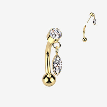 Implant Grade Titanium OneFit Threadless Golden Gem Sparkle Marquise Dangle Top Curved Barbell-Clear Gem